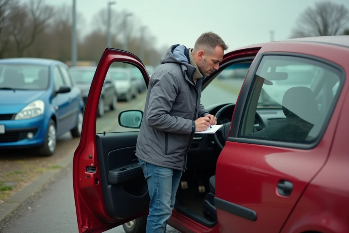 Acheteur potentiel examinant le compteur kilométrique et l'état du tableau de bord d'une Renault Clio II rouge sur un parking de vente de voitures d'occasion