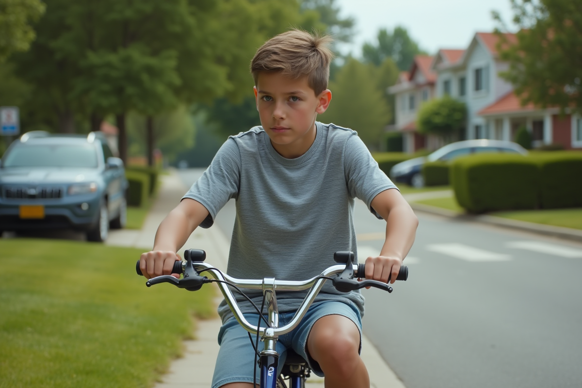 Adolescent en vélo dans un quartier résidentiel