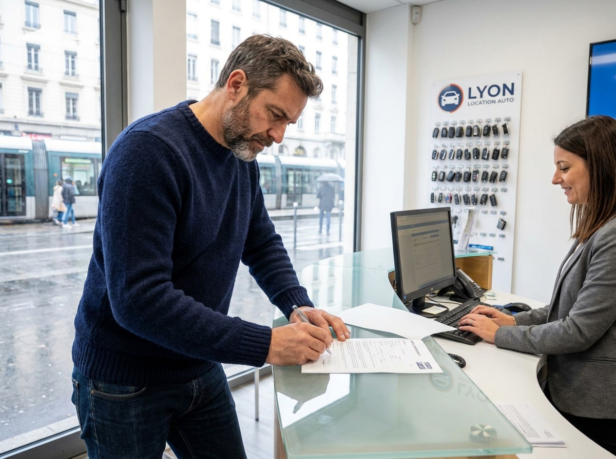 Client en train de signer un contrat de location de voiture dans une agence moderne à Lyon
