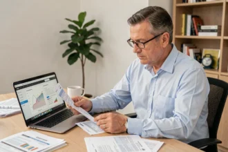 Agent d'assurance consultant des documents de carte grise avec tableau de conversion kilowatts en chevaux fiscaux