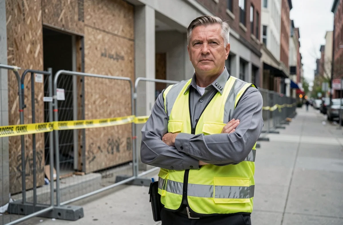 Agent de gardiennage en faction devant un bâtiment sinistré sécurisé par des barrières temporaires