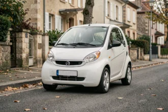 Petite voiture Aixam blanche garée dans une rue résidentielle française, vue de trois quarts avant