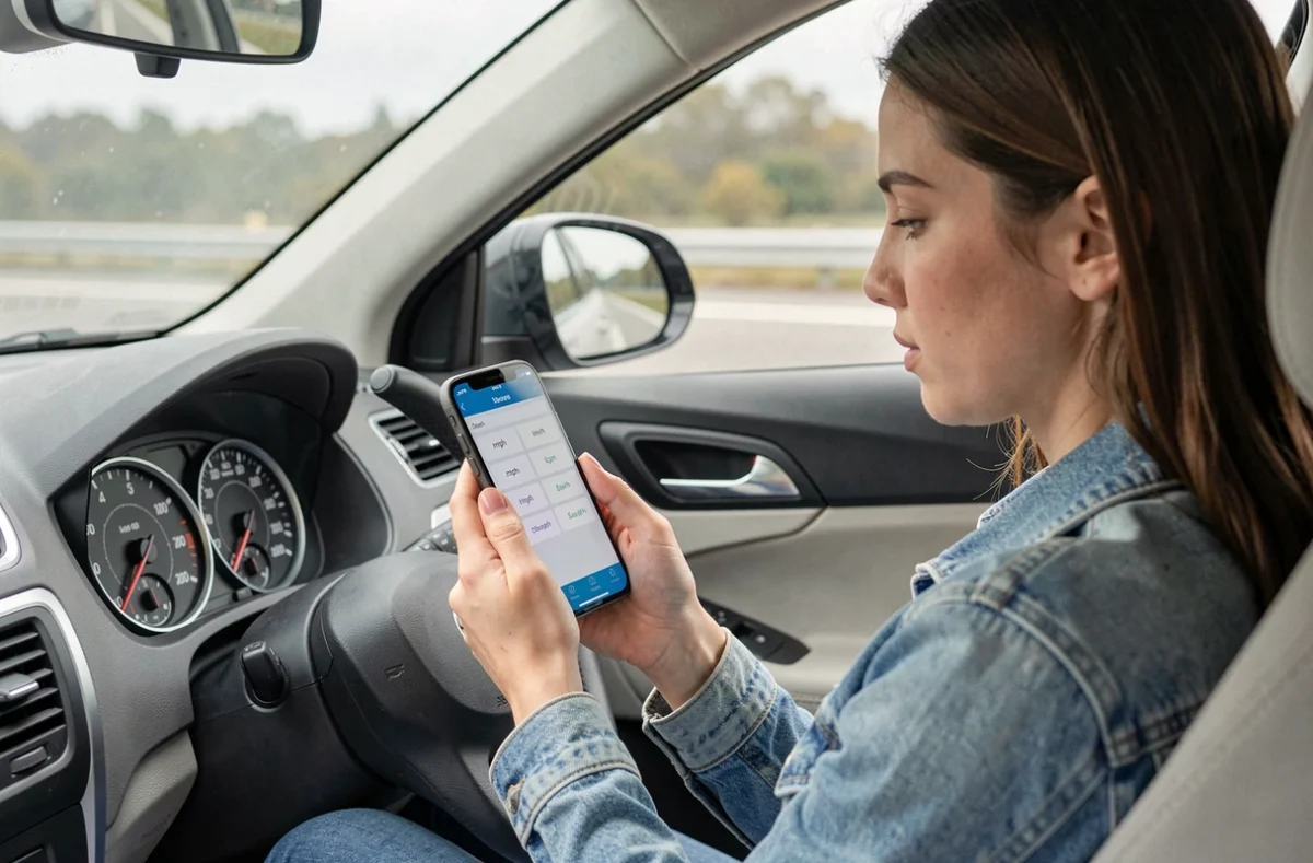 Femme vérifiant la conversion mph en km/h sur une application mobile dans un véhicule avec compteur de vitesse visible