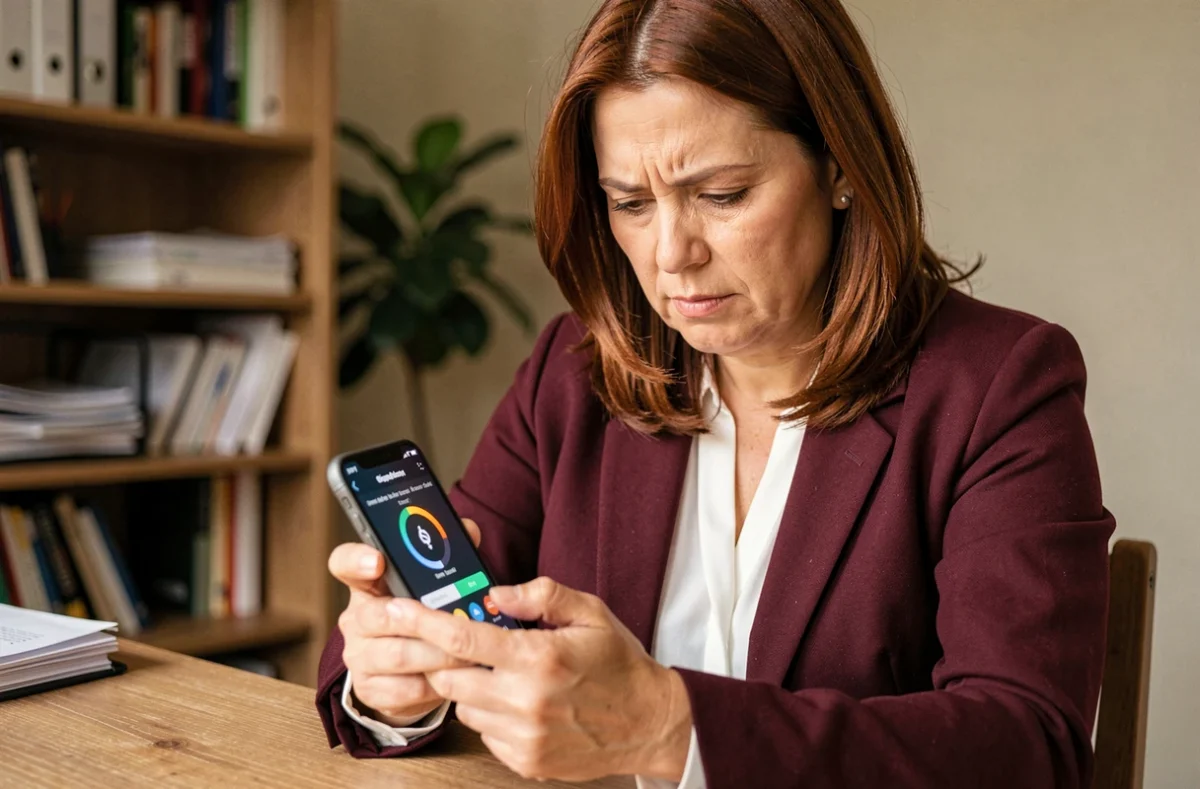 Femme analysant une application de détection de mouchard sur smartphone dans un bureau à domicile