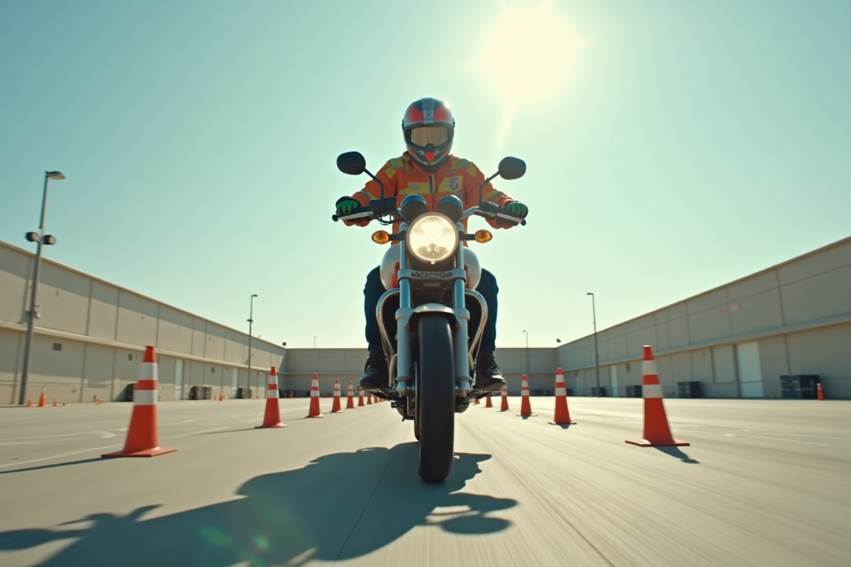 Apprenti motard en formation dans un parking avec cônes orange