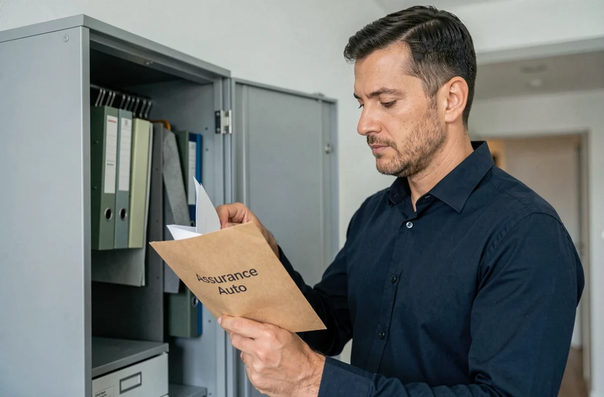 Homme consultant une enveloppe de papiers d'assurance automobile dans un classeur métallique
