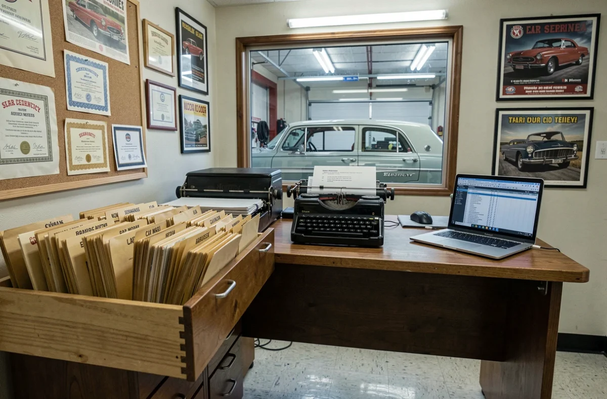 Bureau d'archive d'un club automobile avec dossiers et certificats d'authenticité pour historique de voiture ancienne