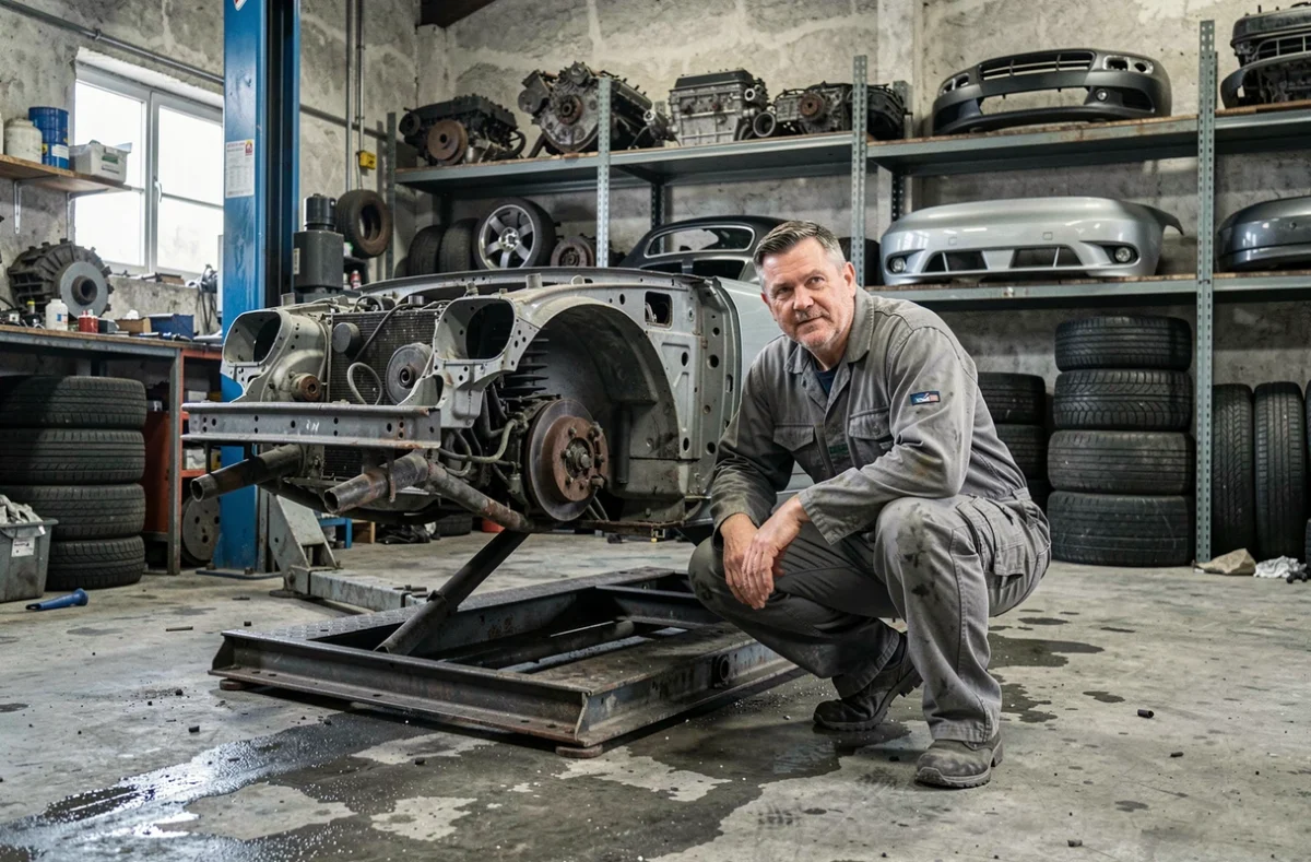 Mécanicien dans un atelier de démontage automobile récupérant des pièces de véhicule hors d'usage