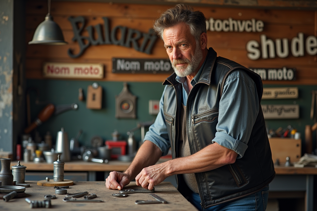 Homme polissant une plaque moto dans atelier