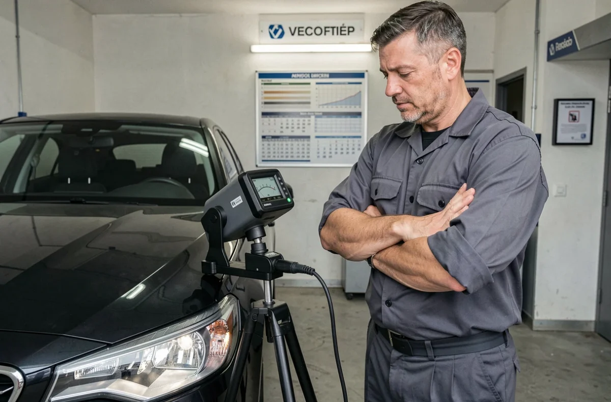 Inspecteur d'Autosur Bournezeau vérifiant le réglage des phares d'une berline noire dans le centre de contrôle technique de Vendée centrale