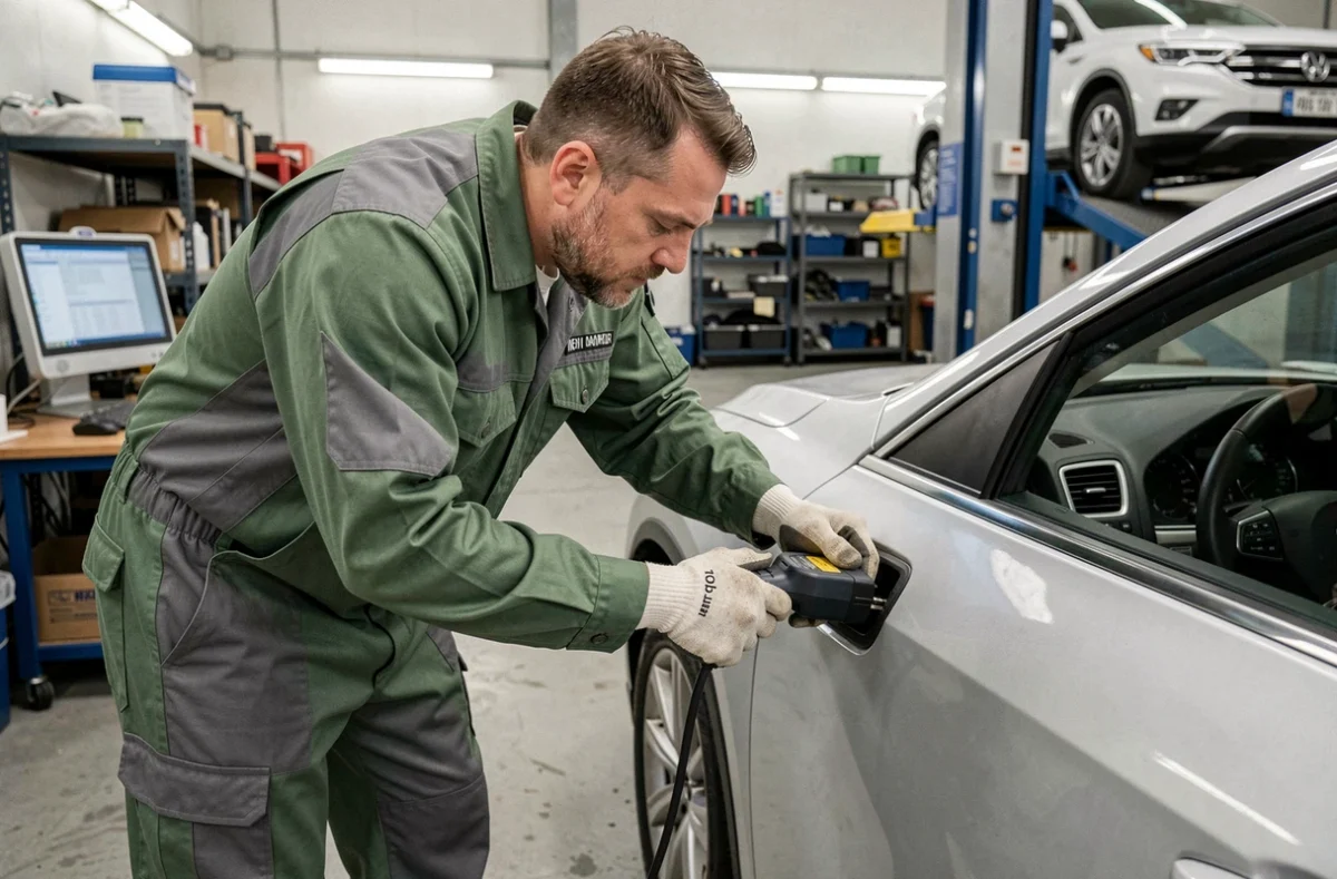 Technicien Autosur Challans branchant un outil de diagnostic OBD sur un SUV dans le centre de contrôle technique nord-Vendée