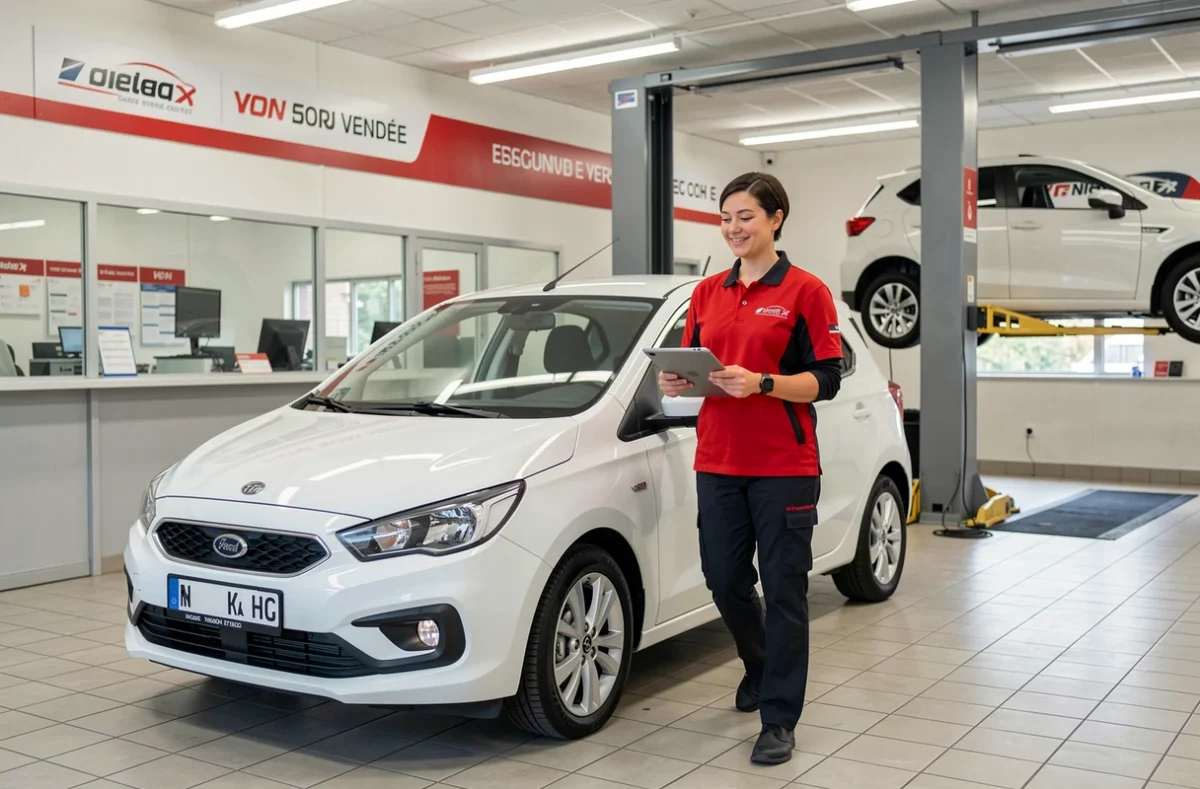 Inspectrice du centre Autosur Fontenay-le-Comte vérifiant un véhicule avec une tablette dans le garage de contrôle technique