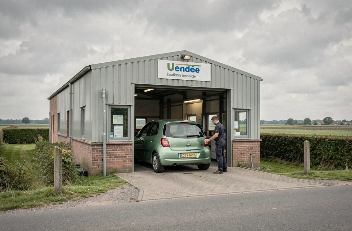 Technicien guidant une voiture vers le centre de contrôle technique Autosur Les Landes-Genusson dans un cadre rural vendéen