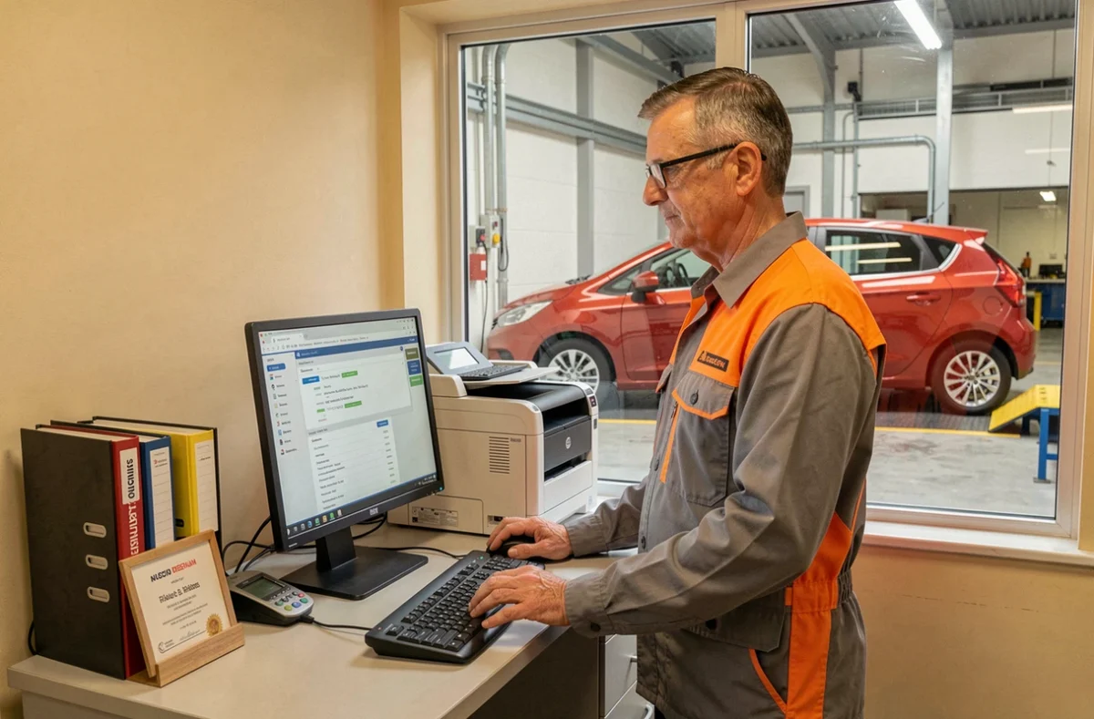 Technicien d'Autosur Pouzauges consultant les résultats de diagnostic sur un écran dans le bureau du centre du bocage vendéen