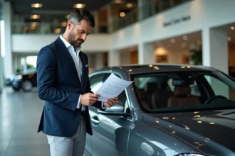 Un homme en costume élégant consulte des avis clients devant une voiture de prestige dans un showroom haut de gamme