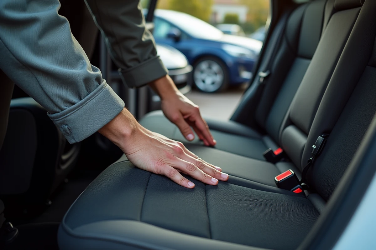 Inspection de la banquette arrière d'une Peugeot 308 d'occasion pour détecter usure et déchirures du tissu