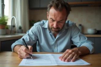 Homme barrant une carte grise sur une table en bois lors d'une cession de véhicule en litige