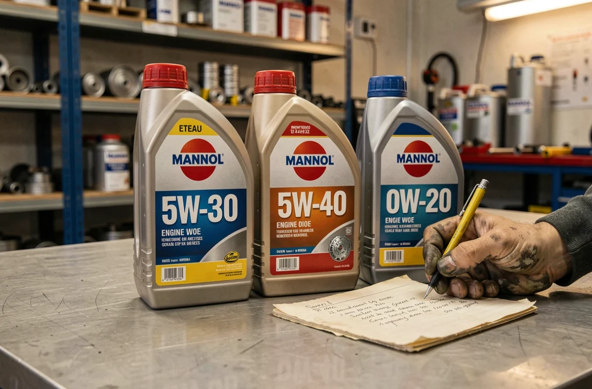 Flacons d'huile moteur Mannol de différentes viscosités posés sur un établi de mécanicien avec des notes techniques