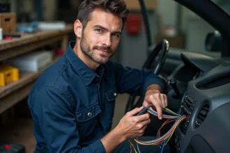 Technicien tenant un faisceau de fils colorés pour le branchement d'un autoradio Peugeot