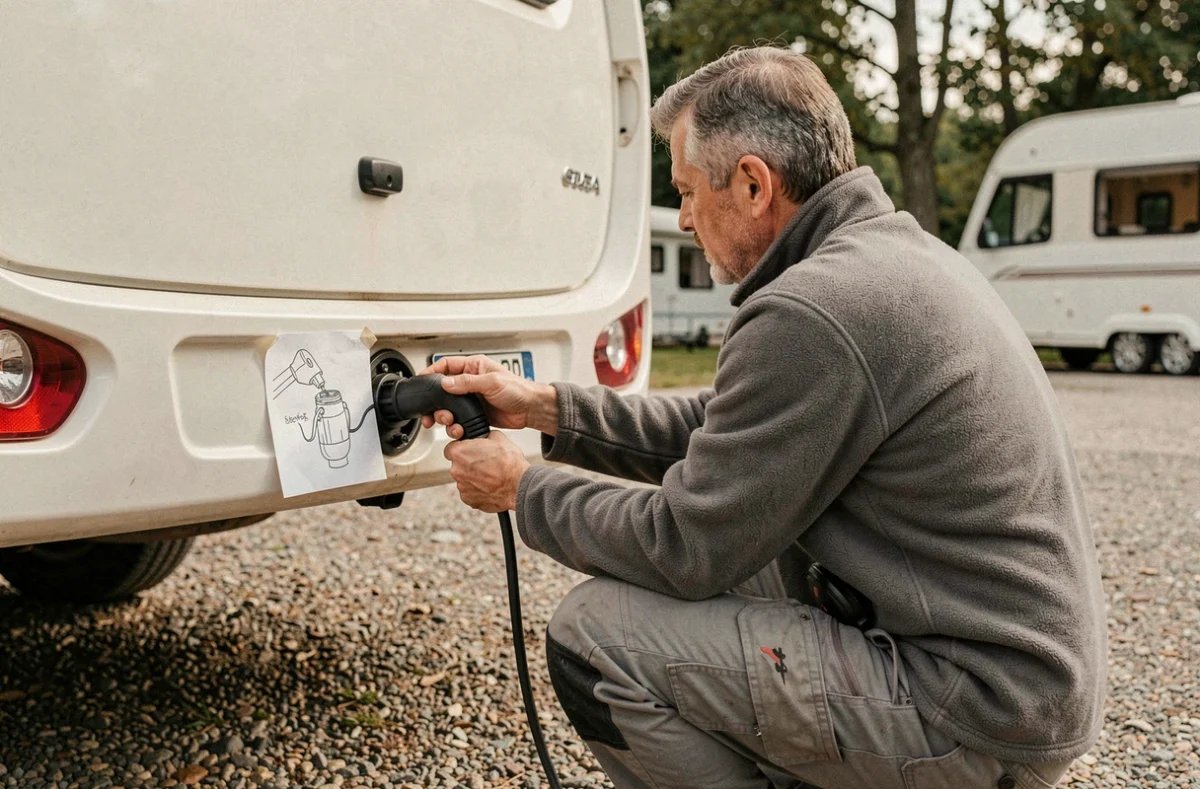 Homme branchant une prise remorque 7 broches sur un camping-car en consultant un croquis de câblage
