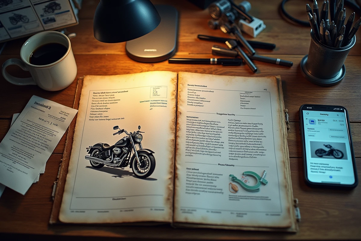 Bureau désorganisé d'une casse moto avec factures et catalogue de pièces motos