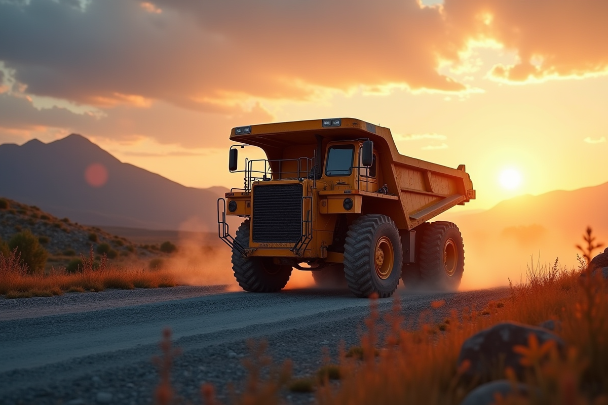 Camion benne en mouvement sur une route de gravier au lever du soleil