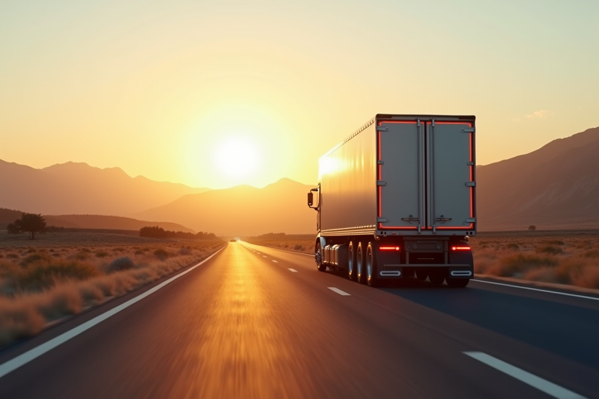 Camion de fret avancé roulant au lever du soleil