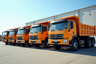 Ligne de camions bennes d occasion dans un lot industriel en plein soleil