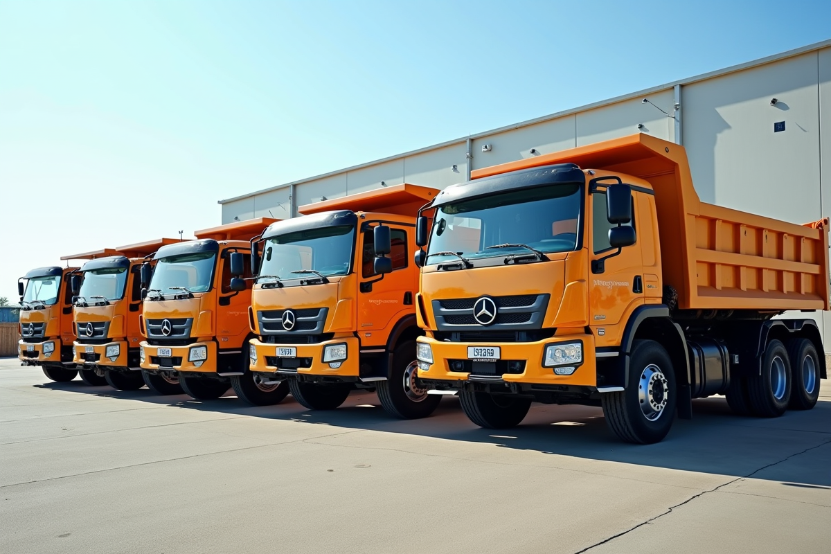 Ligne de camions bennes d occasion dans un lot industriel en plein soleil