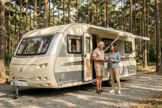 Couple inspectant une caravane de luxe d'occasion garée dans un camping en forêt de pins