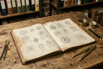 Carnet de croquis vintage ouvert sur une table à dessin avec des esquisses de logos automobiles du début du XXe siècle