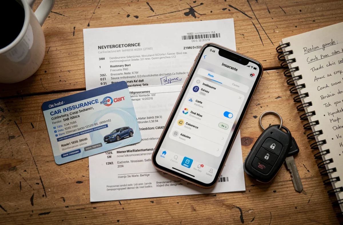 Vue aérienne d'une carte d'assurance voiture posée sur un bureau avec des documents administratifs