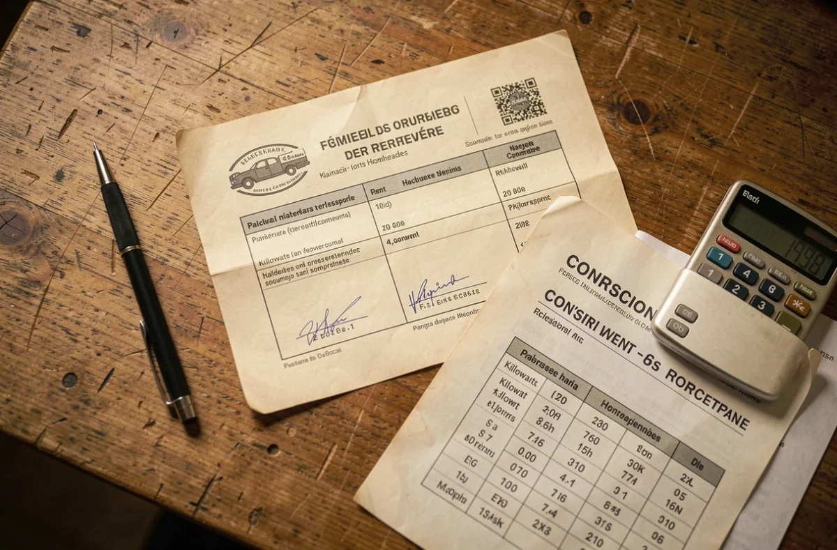 Carte grise française posée sur une table avec calculatrice et tableau de conversion kilowatts chevaux fiscaux