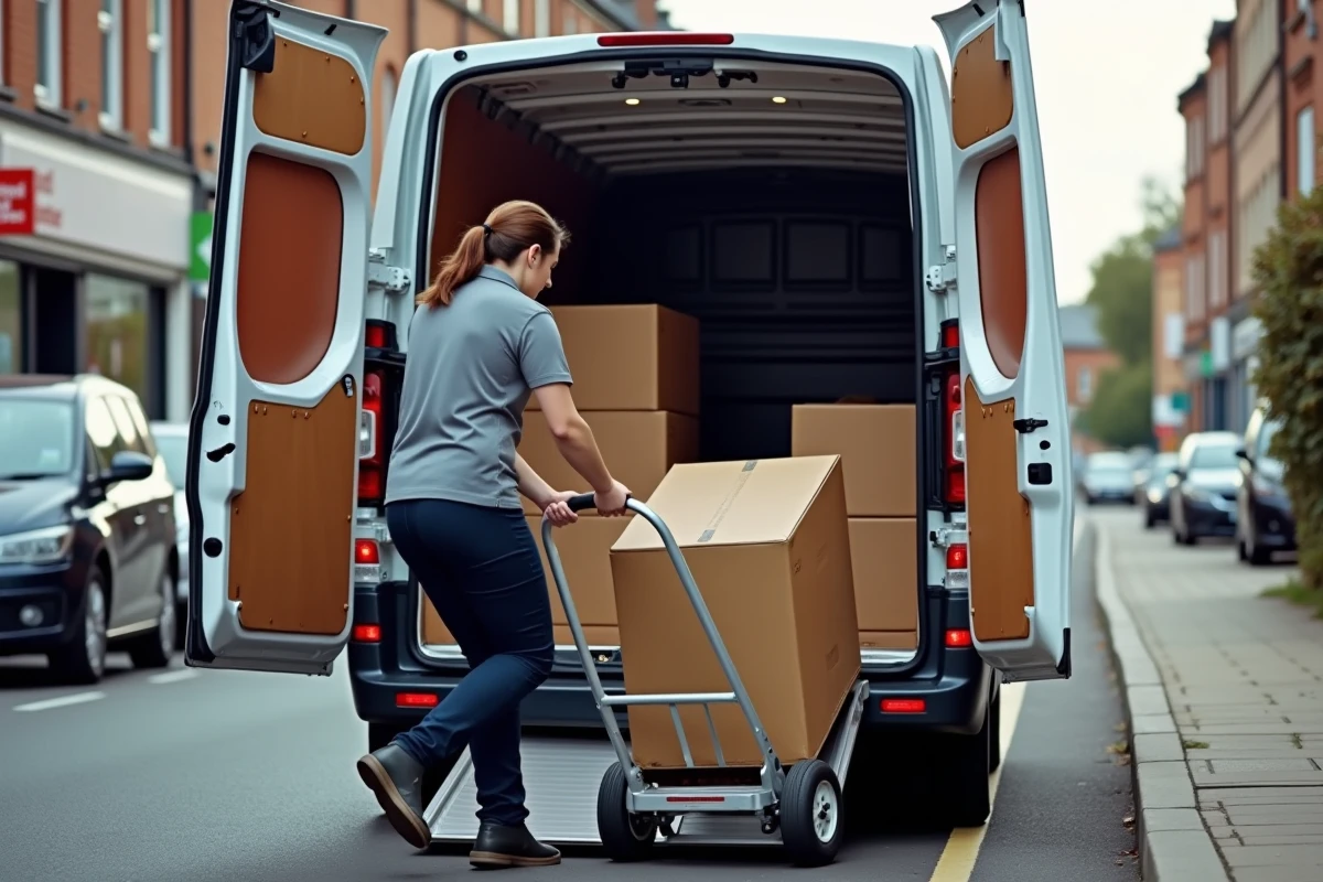 Livreuse chargeant un utilitaire Trafic H2 via le hayon arrière relevé avec un diable