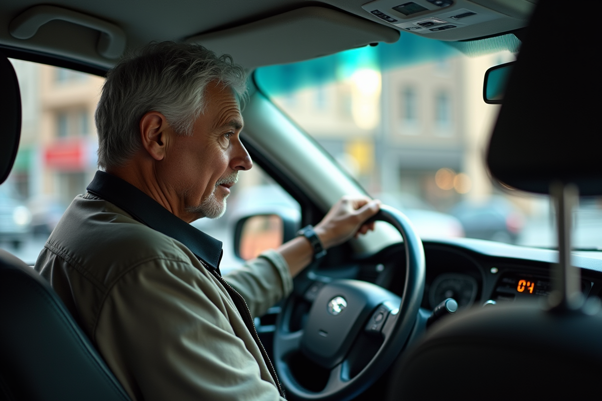 Conducteur de taxi d'âge moyen regardant par la fenêtre dans une voiture urbaine