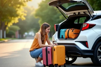 Femme rangeant des valises dans le coffre d'une Toyota C-HR blanche lors de préparatifs de vacances