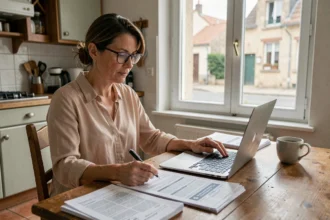 Femme comparant des offres d'assurance auto sur un ordinateur portable à Aurillac