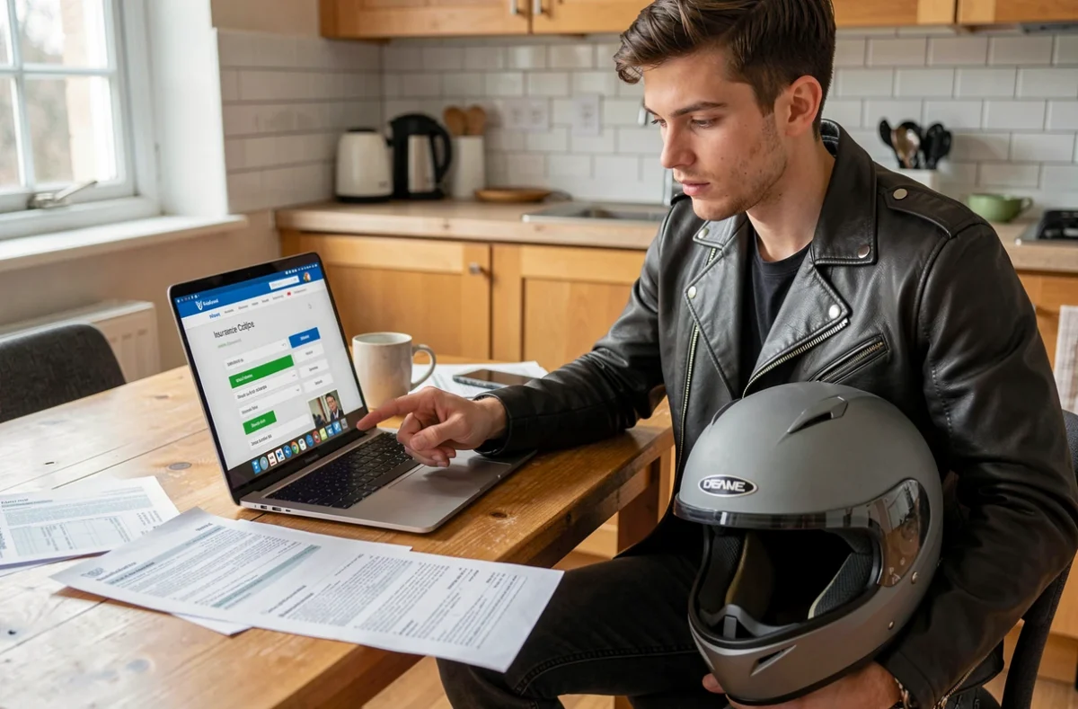 Jeune homme comparant des offres d'assurance moto sur ordinateur portable à la maison