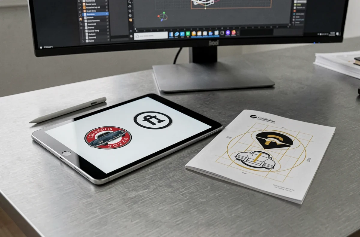 Tablette numérique sur bureau en aluminium brossé montrant la comparaison entre un logo automobile des années 1950 et son redesign minimaliste 2026