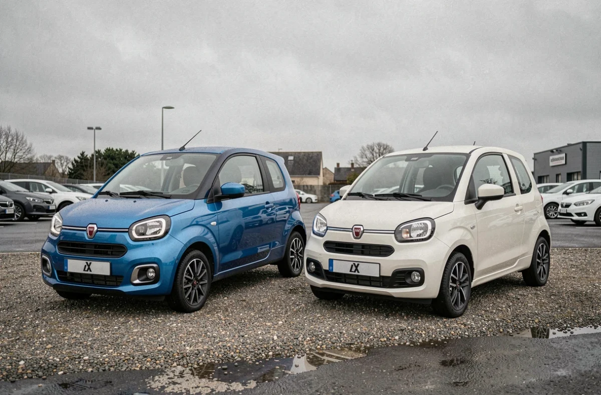 Deux modèles Aixam côte à côte dans un parc automobile extérieur, comparaison de modèles et couleurs