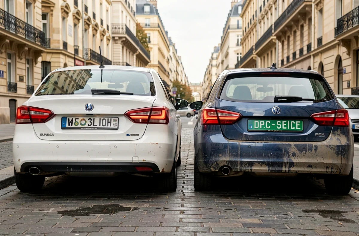 Comparaison entre plaque d'immatriculation standard blanche et plaque verte diplomatique sur des voitures garées en ville