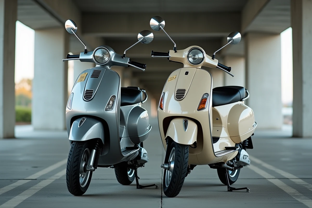 Deux scooters d'époques différentes comparés côte à côte dans un parking couvert pour estimer leur valeur respective