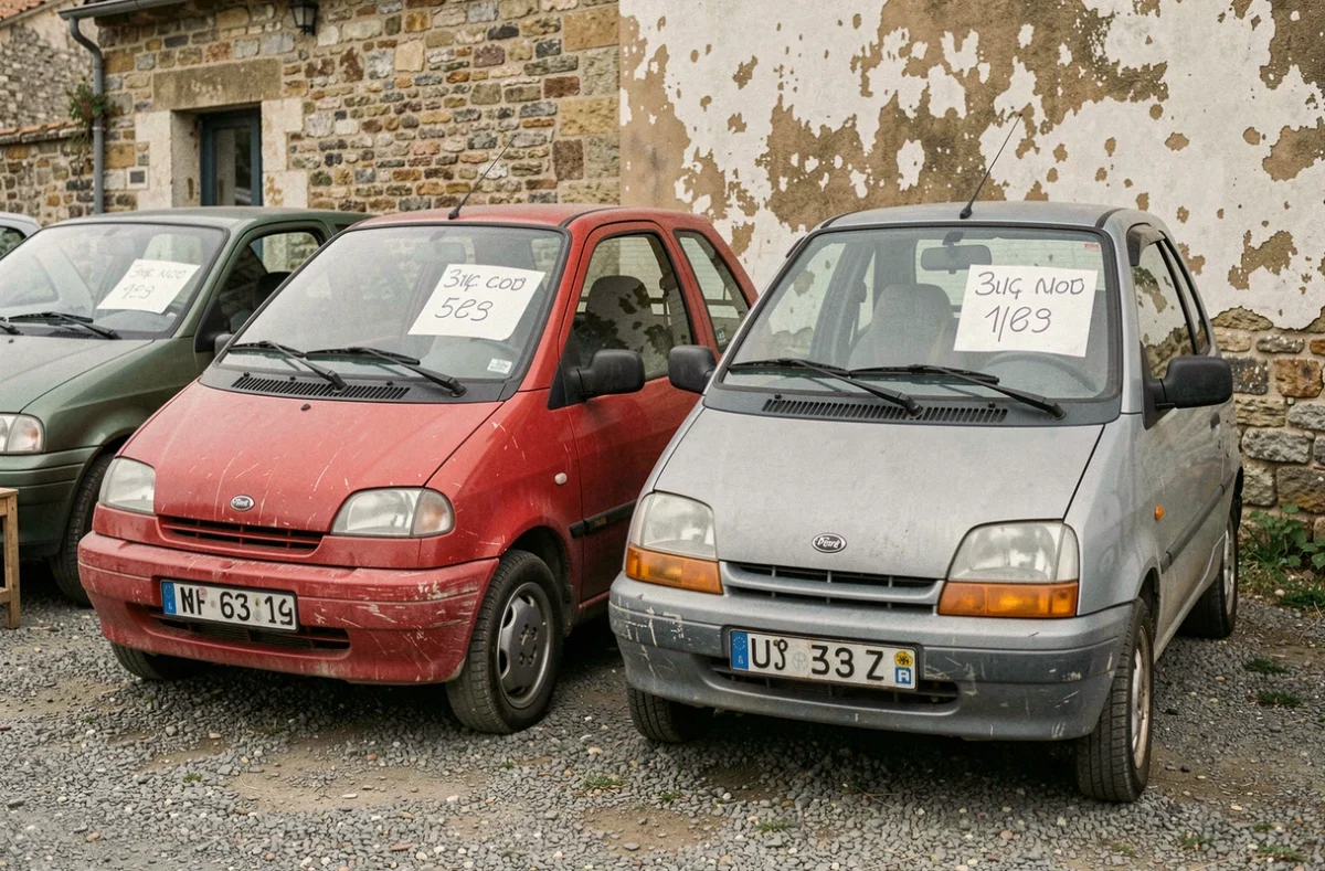 Deux voitures sans permis d'occasion à vendre côte à côte dans un marché de particuliers