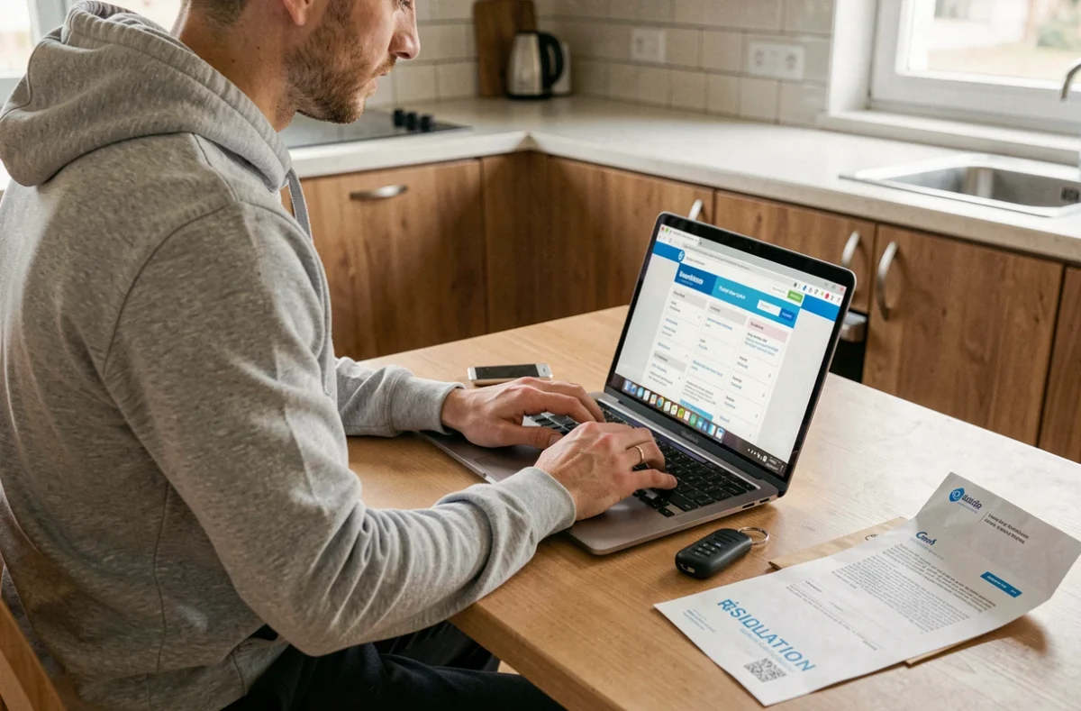 Jeune homme comparant des offres d'assurance scooter en ligne après résiliation à domicile