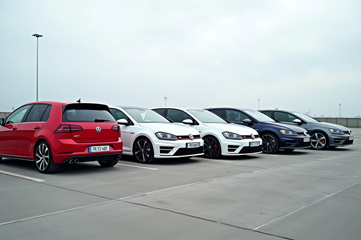 Quatre versions de la Volkswagen Golf 7 alignées côte à côte — GTI, R, TDI et TSI — vues en plongée légère mettant en évidence les différences de badges, jantes et échappements