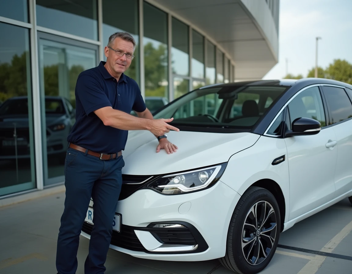Vendeur automobile expliquant l'usage d'une plaque provisoire TR devant un véhicule en concession