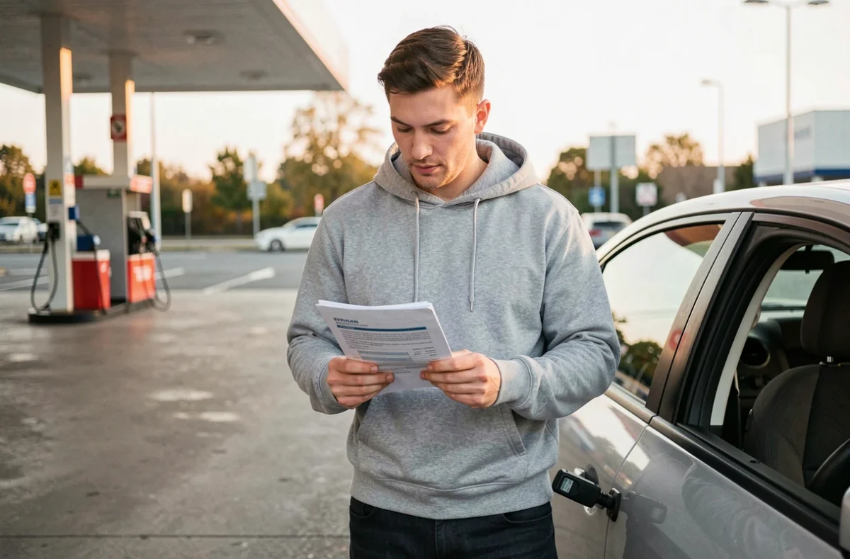 Conducteur tenant des documents d'assurance au kilomètre avec un boîtier télématique connecté à sa voiture