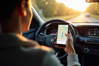 Personne au volant utilisant Waze en français