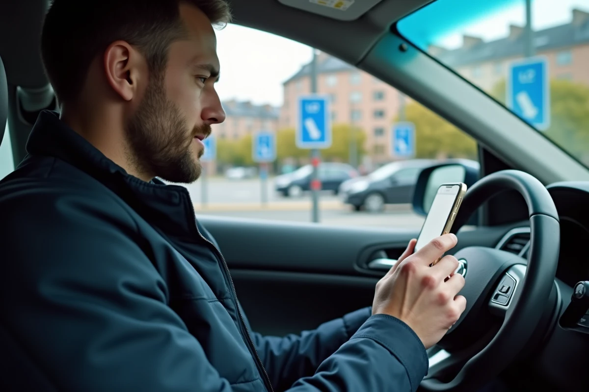 Conducteur vérifiant l'accès à la zone LEZ de Bruxelles sur son smartphone depuis son véhicule