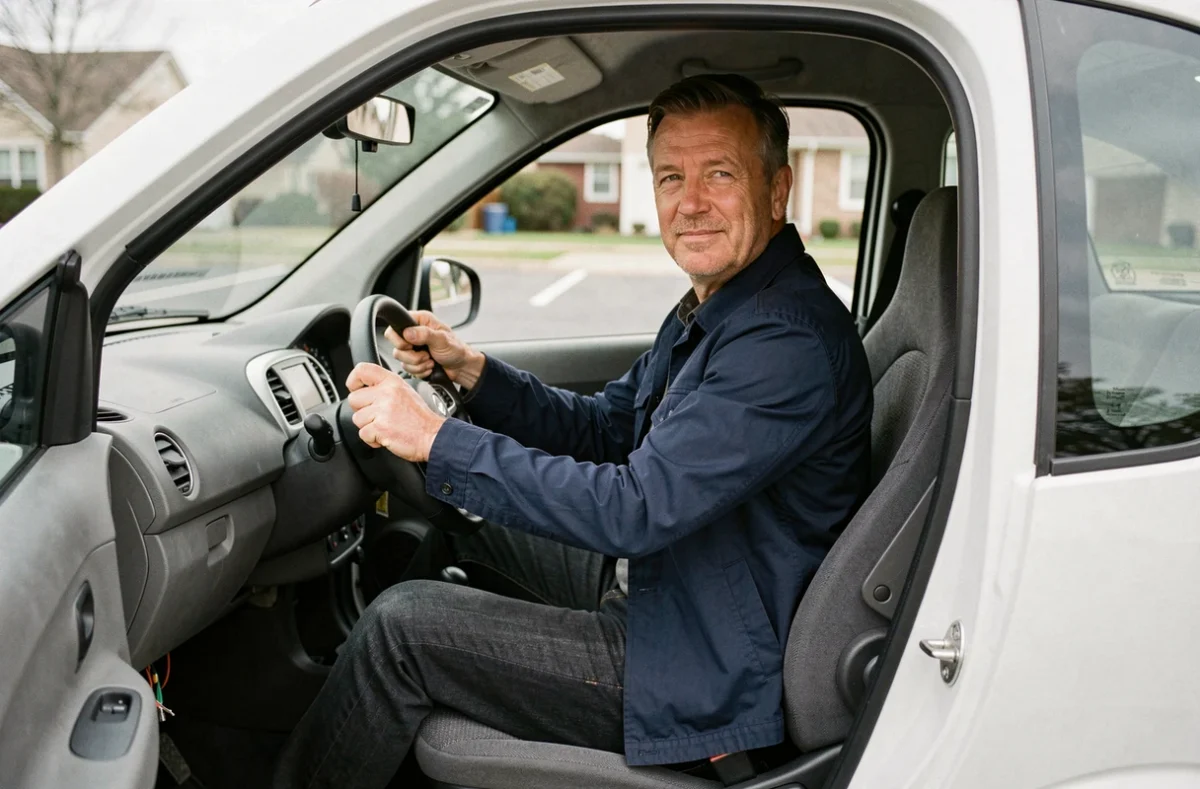Homme au volant d'une voiture sans permis monoplace vue de l'intérieur